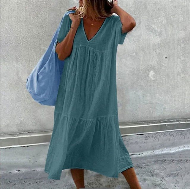 Vestidos midi de lino y algodón de color liso para mujer, moda informal, cuello en V, mangas cortas, sueltos, estilo sencillo, para ir al trabajo.