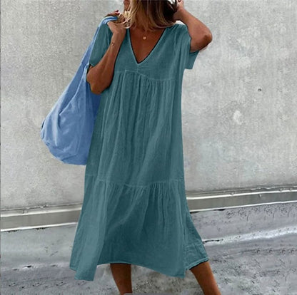 Vestidos midi de lino y algodón de color liso para mujer, moda informal, cuello en V, mangas cortas, sueltos, estilo sencillo, para ir al trabajo.