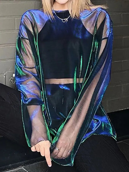 Camisetas transparentes para mujer, ropa Y2k, tops cortos sexis, camiseta oversize de manga larga, cuello redondo, atuendo de club, camisetas reflectantes para chicas electrónicas