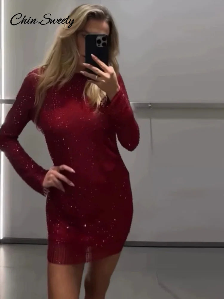 Sexy Sequins Backless Red Christmas Mini Dress Shiny O-neck Long Sleeve Dresses Female  New Lady Slim Party Club Gowns