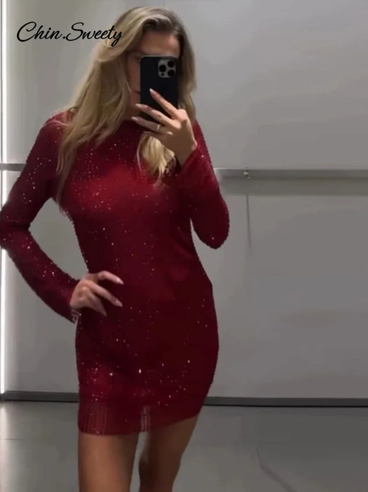 Vestido mini rojo sexy de lentejuelas sin espalda para Navidad, brillante, cuello redondo, manga larga, para mujer, nuevo, ajustado, para fiesta y club.