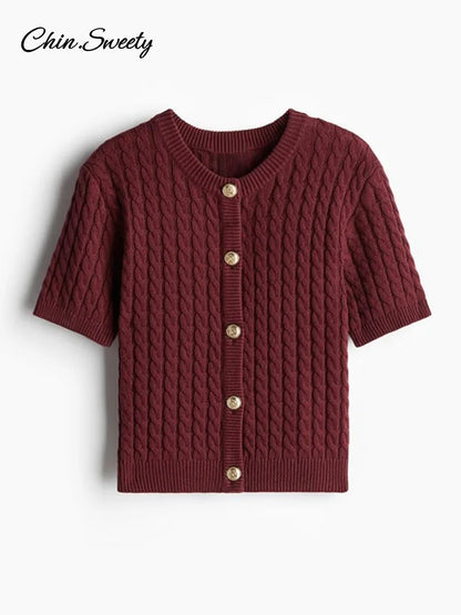 Knitted Single Breasted Cardigans Women Solid O-neck Short Sleeve Ribbed Sweaters Female  Fashion New Slim Ladies Casual Top