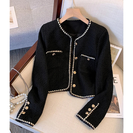 Chaqueta corta de tweed negra para mujer, traje vintage, abrigo acolchado, blazer corto de invierno, prendas de abrigo gruesas y elegantes de estilo coreano para mujer