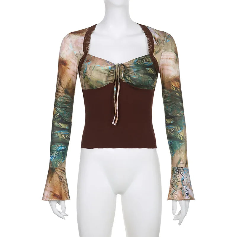 2000s Crop Top Vintage Aesthetic Graphic Floral Flared Long Sleeve T Shirts y2k Women Grunge Fairy Print Tee Streetwear