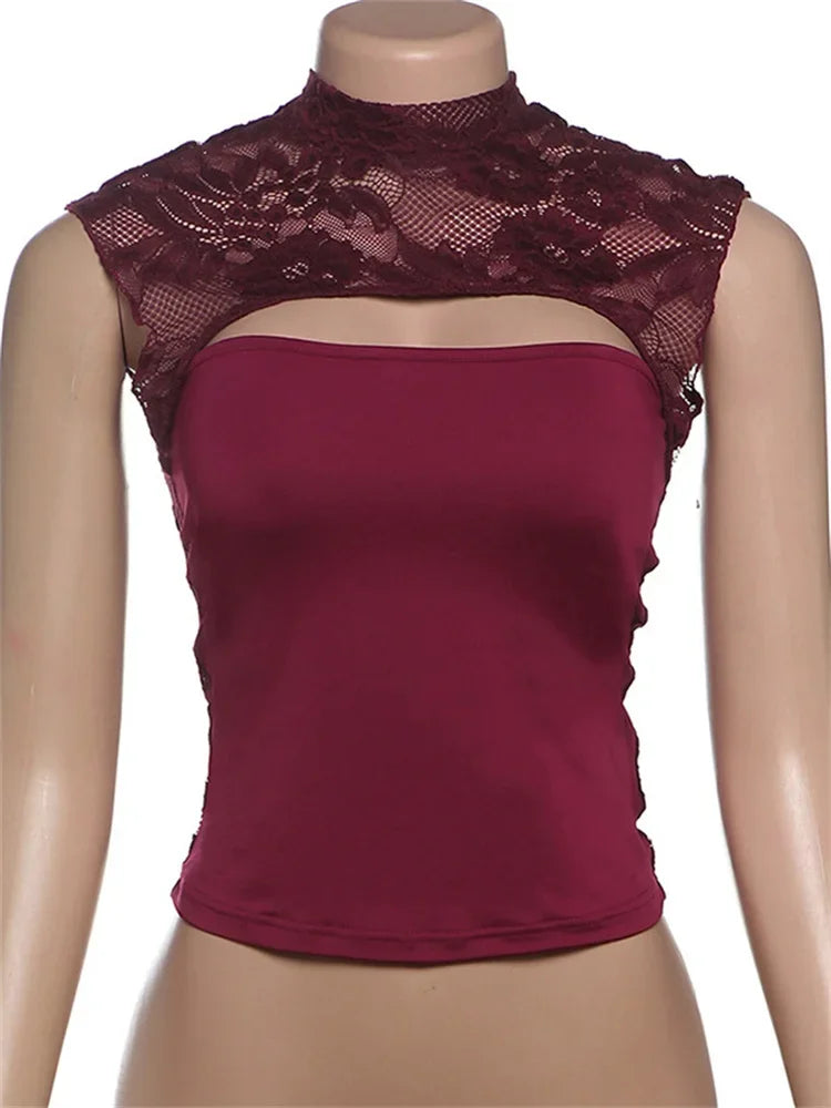 Top sexy con estampado calado Y2k para mujer, jersey transparente ajustado, recortado, con parches en contraste, ropa de calle, camiseta sin mangas para mujer