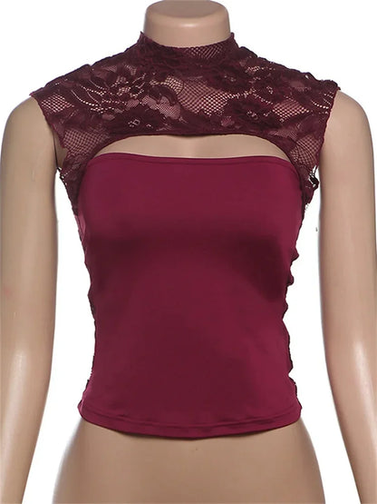 Top sexy con estampado calado Y2k para mujer, jersey transparente ajustado, recortado, con parches en contraste, ropa de calle, camiseta sin mangas para mujer