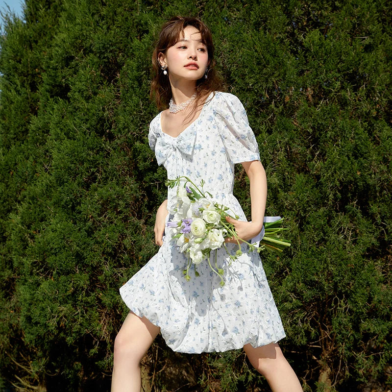 Dress Girl Bow Girl Feeling  Summer New Love Fragmented Flower Bud Dress