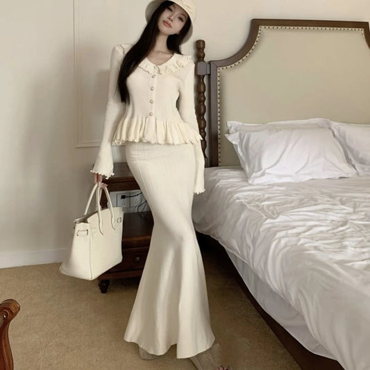 Autumn Winter Knitted 2-Piece Sets Women Ruffles Tops Bodycon Fishtail Skirt Slim Solid Knitwear Outfits Korean Fashion Suit
