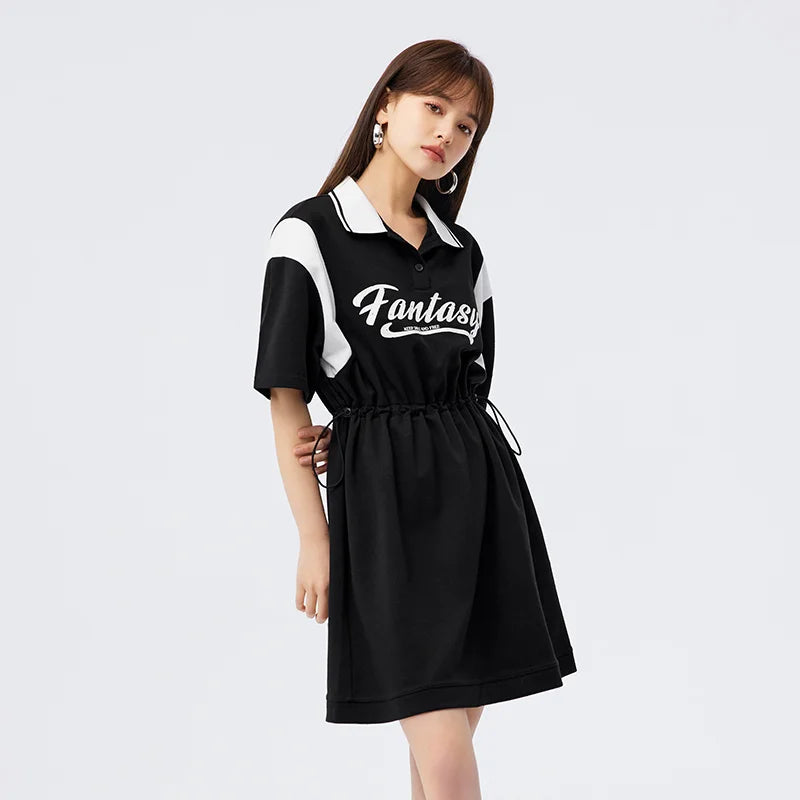 Dress Women’s Letter Contrast Loose Short Dress  Summer New Retro Waist Polo Dress