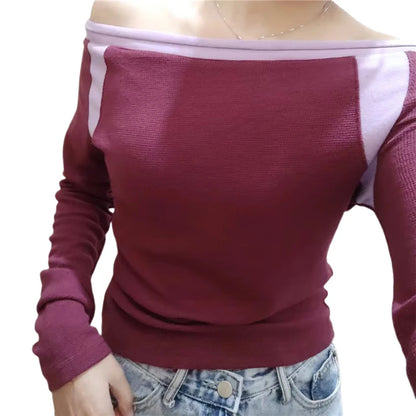 Fairy Grunge Top y2k Vintage Aesthetic Patchwork Off Shoulder Long Sleeve T Shirt 2000s Women Clothes Casual Streetwear