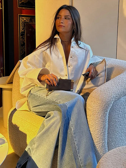 Casual Women’s Loose Shirts White Raglan Sleeve Lapel Single Breasted Blouses 2025 Spring Office Lady Fashion Y2K Street Tops