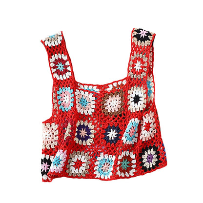 Top corto de punto de crochet de los años 2000 para mujer, camiseta sin mangas con bordado floral, chaleco Y2K, ropa de playa, ropa de calle