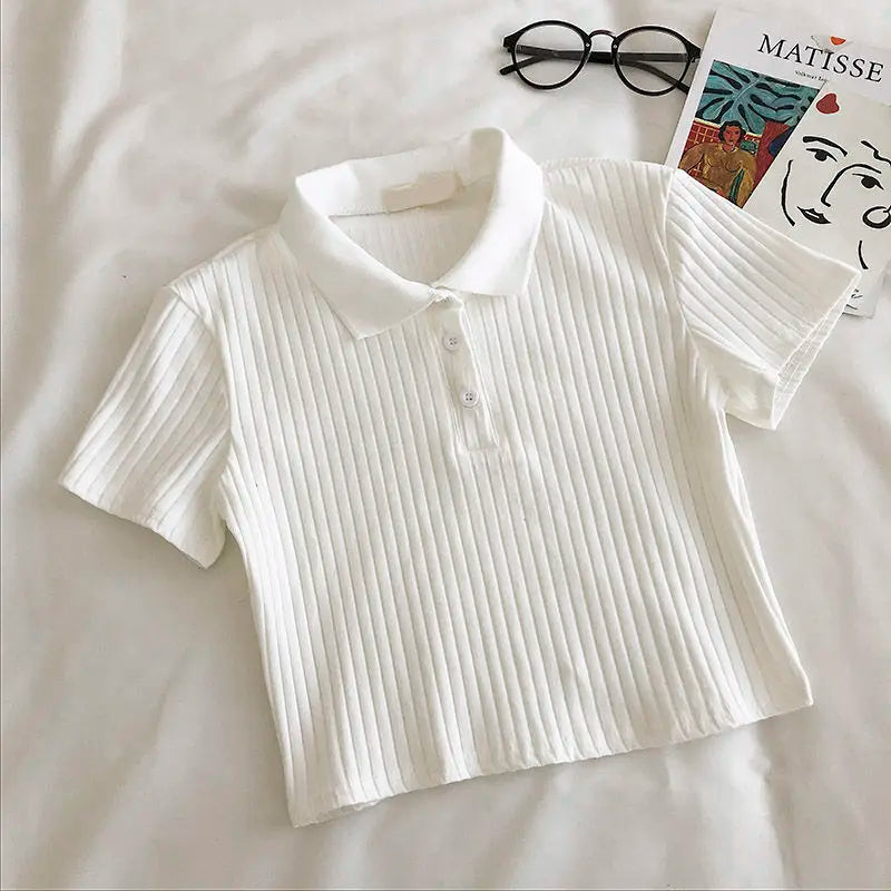 Camisa corta de cuello polo de punto para mujer, blusa básica juvenil de manga corta de color liso para verano