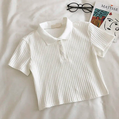 Camisa corta de cuello polo de punto para mujer, blusa básica juvenil de manga corta de color liso para verano