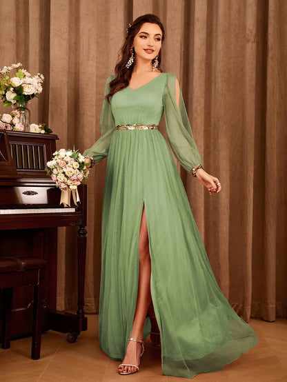 Vestido de noche elegante con escote en V y abertura con apliques de gasa, vestido de fiesta, vestido de dama de honor