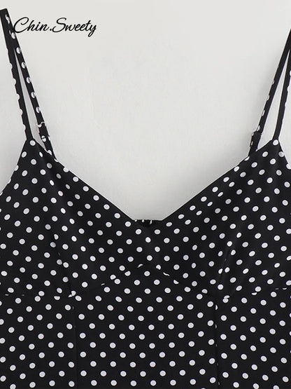 Elegant Dot Strapless Maxi Dress Women Pleat V-neck Sleeveless Backless High Waist A-line Dresses 2025 Summer Vacation Robes New