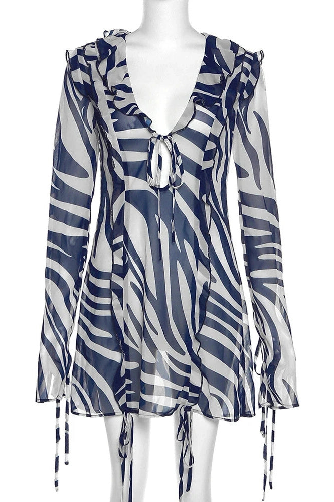 V-Neck Long Sleeve Printed Mini Dress with Slim See-Through Design