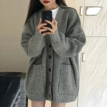 Cárdigan de otoño e invierno para mujer, suéter, abrigo, moda femenina, manga larga, cuello en V, chaquetas de punto sueltas, suéteres casuales, cárdigans