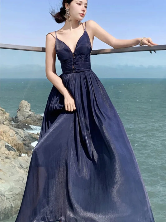 Vestido largo de verano con tirantes finos para mujer, vestido de fiesta de noche con escote en V y corte en A, sin espalda, de una pieza