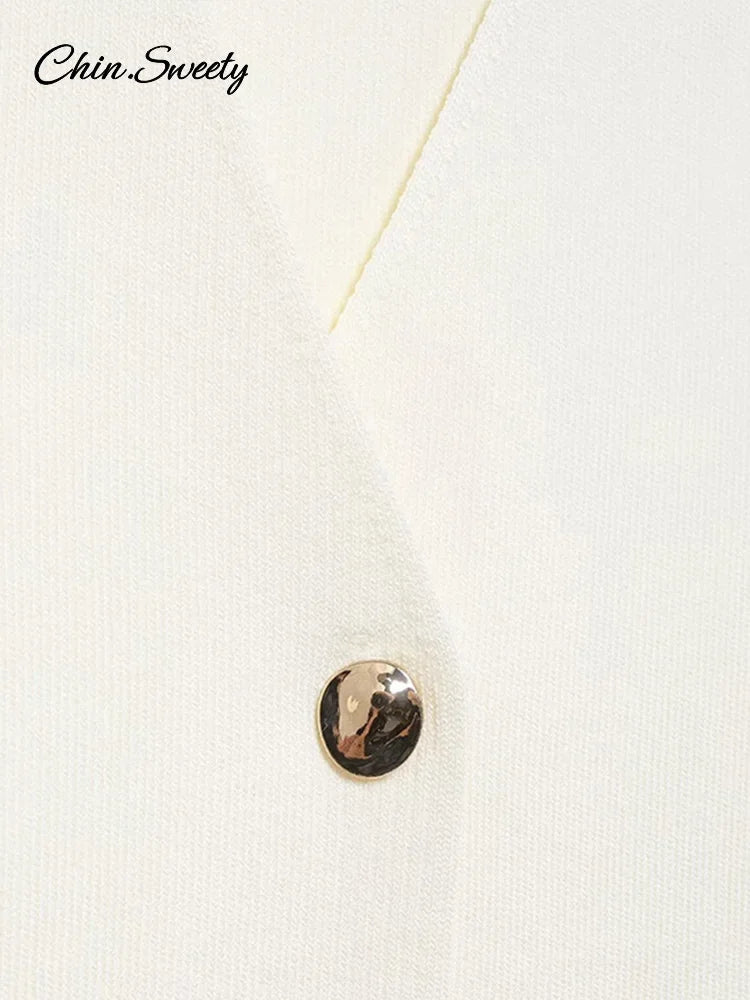 Chaleco de punto de moda para mujer, manga corta, cuello en V, botones, holgado, blanco, tipo cárdigan, otoño, novedad en prendas exteriores.