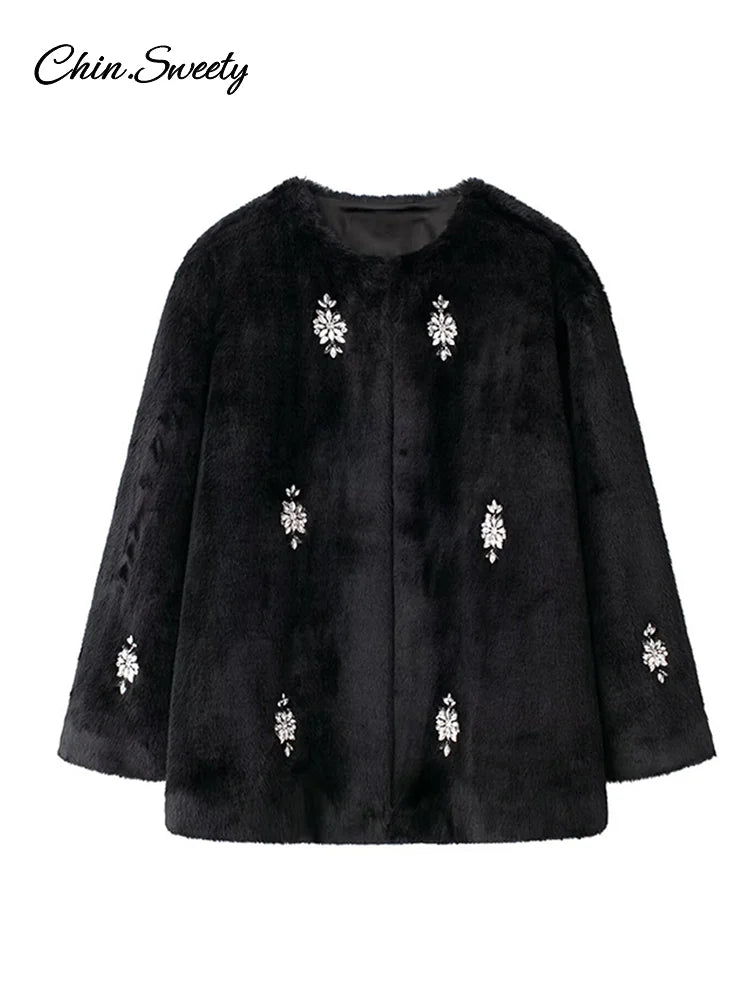 Abrigo de piel con joyería vintage para mujer, chaqueta holgada de manga larga con cuello redondo y felpa negra de invierno, abrigo grueso y cálido elegante para mujer