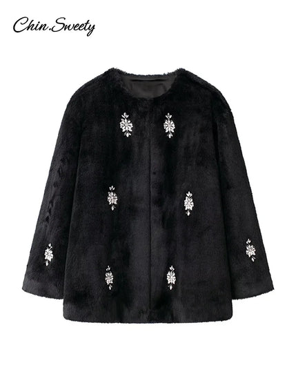 Abrigo de piel con joyería vintage para mujer, chaqueta holgada de manga larga con cuello redondo y felpa negra de invierno, abrigo grueso y cálido elegante para mujer