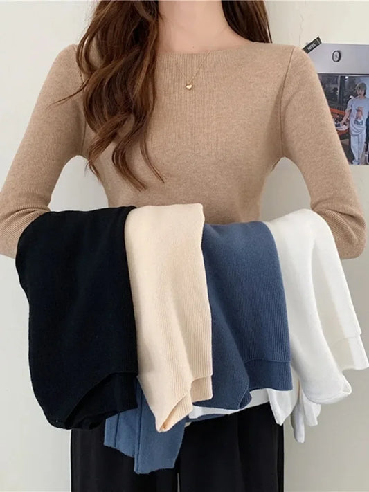 Suéter de punto acanalado para mujer, jerseys suaves, suéteres básicos, sólidos, suaves, de manga larga, tops de otoño e invierno.