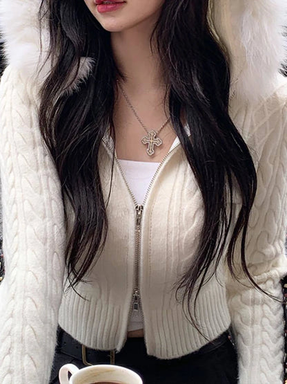Suéter corto con capucha y cremallera para mujer, color blanco liso, ajustado, para otoño e invierno, nuevo, dulce, coqueto y esponjoso.