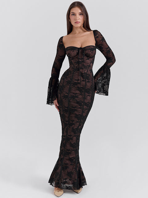 Vestido maxi sexy de manga larga acampanada con estampado de encaje para mujer, vestido sexy de moda con cuello cuadrado, sin espalda, ajustado al cuerpo para fiesta y club.