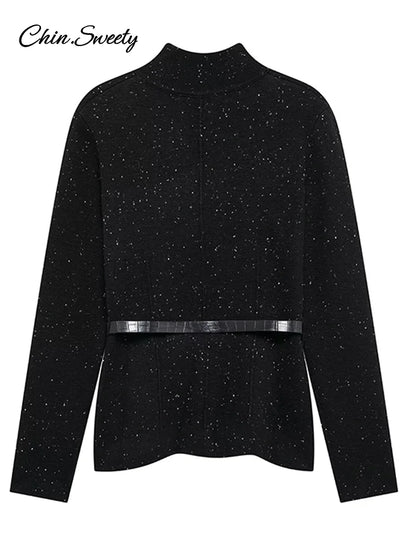 Suéter de cuello alto negro vintage para mujer, jersey de punto holgado de manga larga con cinturón, jersey suave de primavera para mujer, nuevo