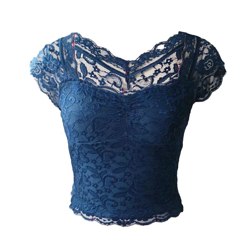 Top corto de encaje Y2K de los años 2000 con cuello en V y sin mangas para mujer, camiseta de estilo dulce, ropa de calle Kawaii E Girl