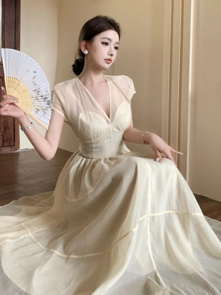 Vestidos largos elegantes para mujer, cuello en V, corte A, vestido de fiesta de cumpleaños, francés, informal, cintura alta, verano, nuevo, baile de graduación, vestidos retro para mujer
