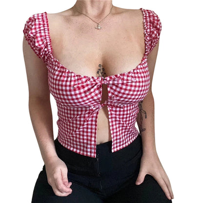 Fairy Grunge Plaid Crop Top Summer Women Short Sleeve Tie Up Bandage Vest Kawaii Off Shoulder T Shirt Female Clothes