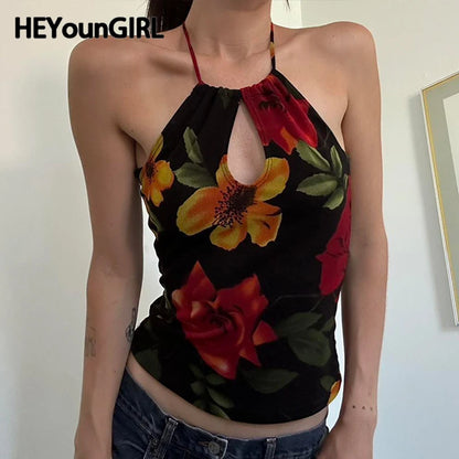 Vintage Floral Print Backless Cami Top Cut Out Front Women Sexy Halter Tank Tops Y2K Fashion Slim Vest Summer Outfits
