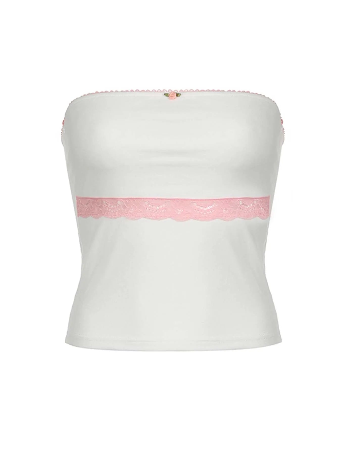 Top tubo blanco sin tirantes con encaje en contraste Y2K para mujer, bonito chaleco corto kawaii de los años 2000