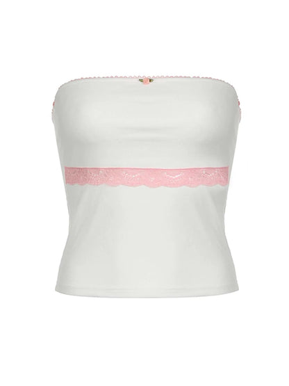 Top tubo blanco sin tirantes con encaje en contraste Y2K para mujer, bonito chaleco corto kawaii de los años 2000