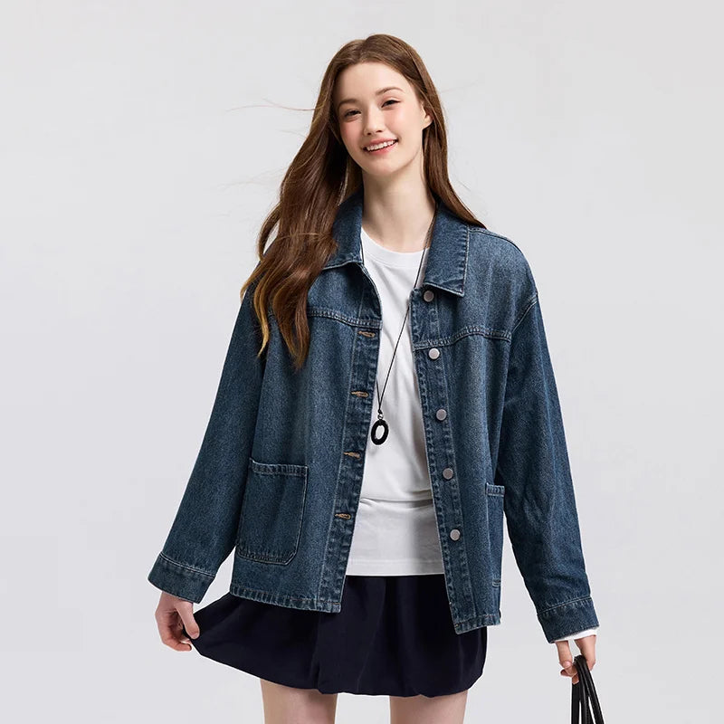 Denim Jacket Women Lapel Drop-shoulder Top Casual and Elegant 2025 Spring New Loose Jacket Instagram Trendy