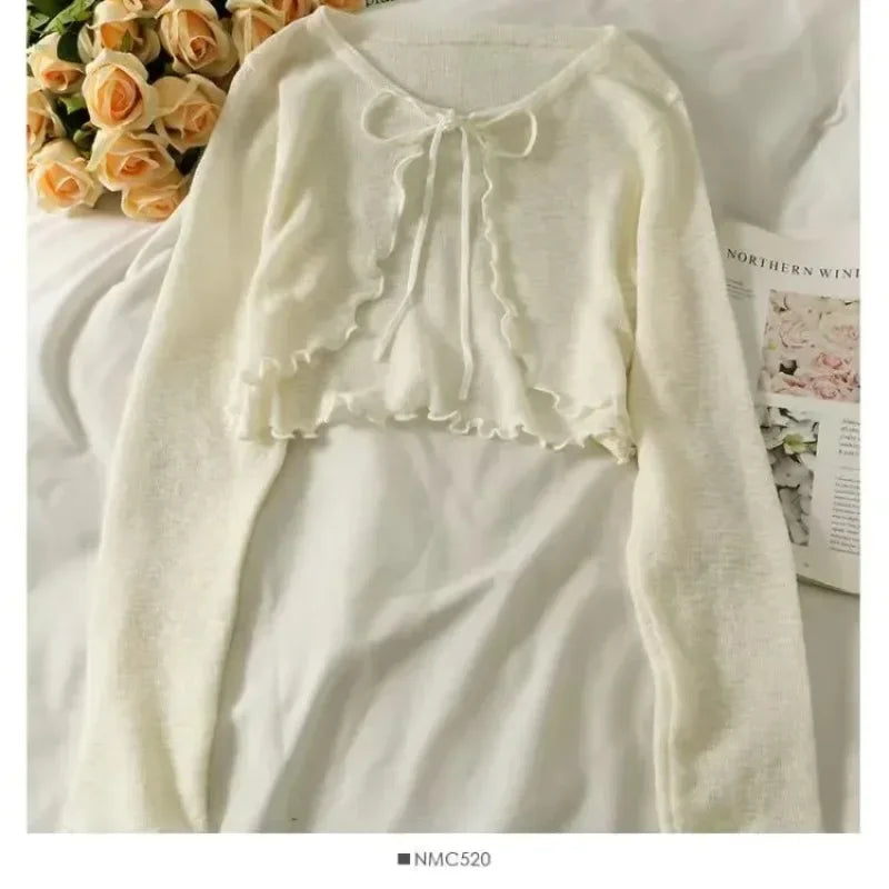 Suéter fino de verano para mujer, cárdigan de punto con encaje y manga larga, prendas de vestir exteriores para mujer