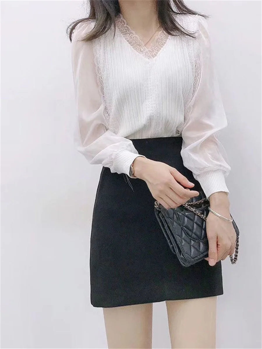 Blusas de mujer estilo primavera otoño, blusas casuales de manga larga con cuello en V y encaje DF4452