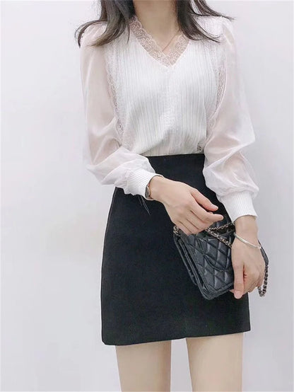 Blusas de mujer estilo primavera otoño, blusas casuales de manga larga con cuello en V y encaje DF4452