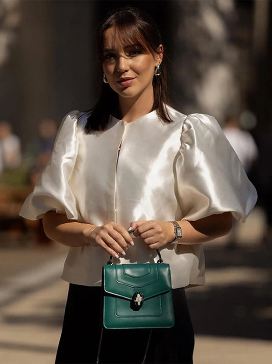Blusas elegantes con mangas abullonadas y cuello redondo para mujer, estilo vintage, holgadas y lisas, con una sola botonadura, para verano