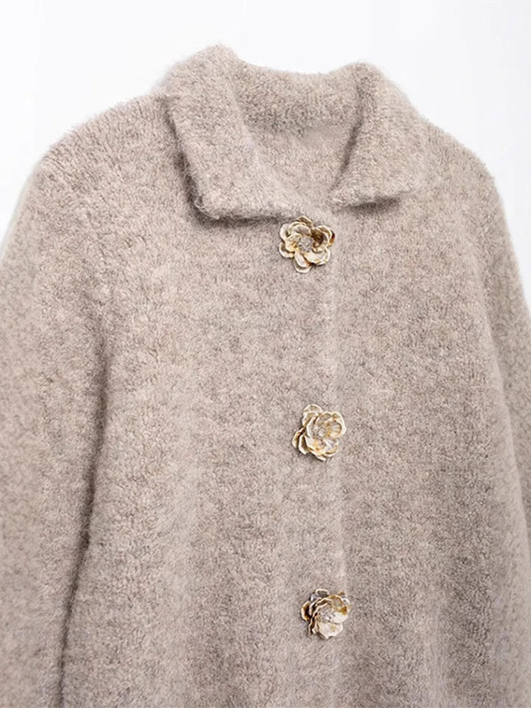 Cárdigan vintage con botones de flores 3D para mujer, suéter informal de felpa gruesa con solapa y botonadura sencilla, prendas de punto versátiles para otoño.