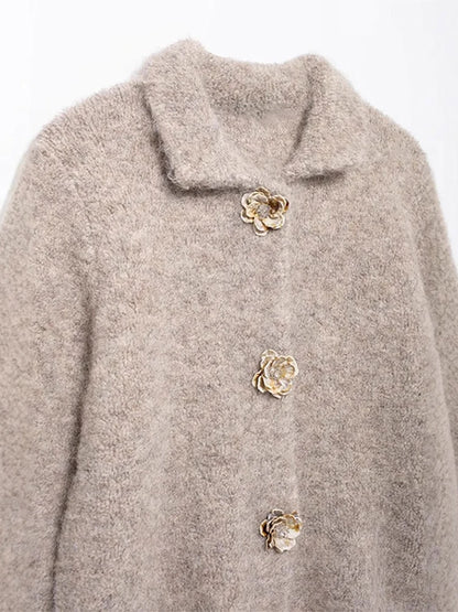 Cárdigan vintage con botones de flores 3D para mujer, suéter informal de felpa gruesa con solapa y botonadura sencilla, prendas de punto versátiles para otoño.