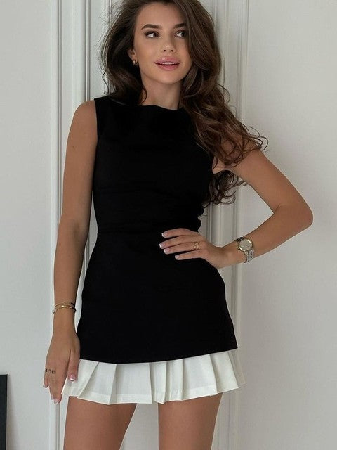 Elegante vestido de verano para mujer, sin mangas, ajustado, con falda plisada y patchwork, para noche, ocio y vacaciones