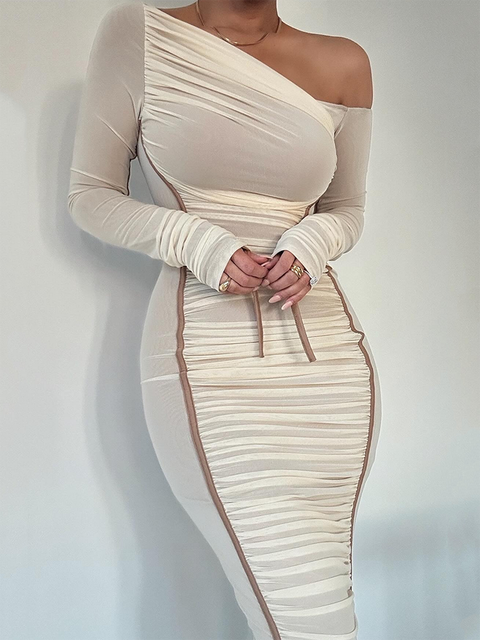 Vestido midi de manga larga con cuello diagonal para mujer, de malla de dos capas, sin espalda, fruncido, ajustado, sexy, para fiesta y club.