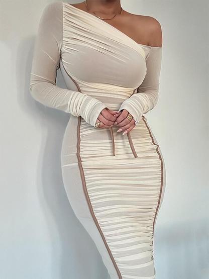 Vestido midi de manga larga con cuello diagonal para mujer, de malla de dos capas, sin espalda, fruncido, ajustado, sexy, para fiesta y club.