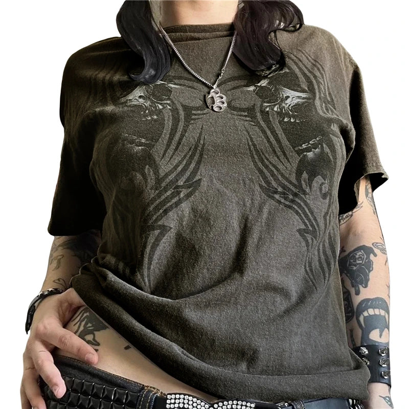 Camiseta Cyber Y2K de los años 2000 para mujer, con estampado de calavera, cuello redondo, manga corta, ropa estética para chicas E, ropa gótica para centro comercial, ropa urbana