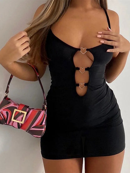 Vestido negro con anillo de corazón para mujer, traje de club de una pieza, vestido de noche sexy con agujeros, vestido de tirantes finos súper corto.