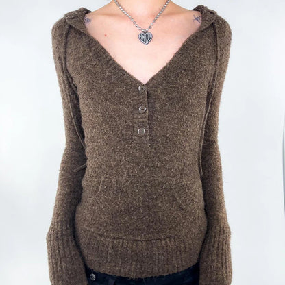 Y2K Brown V-neck Hooded Sweater Vintage Basic Slim Button Up Knitted Pullovers Autumn Casual Streetwear Outfits Lady