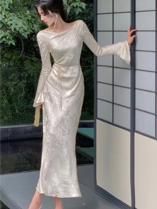 Vestidos de noche ajustados vintage franceses para mujer, vestidos de otoño para boda, graduación, manga acampanada, cuello oscilante, vestidos midi para mujer, nuevos